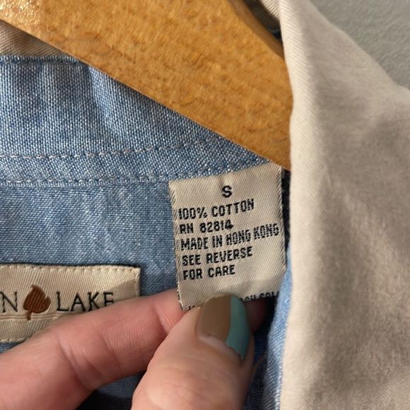 Vintage 90s Mountain Lake Work Shirt Khaki Oversized Button Down Mens Small - Picture 3 of 5